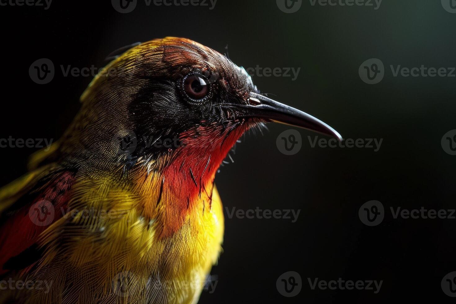 A close up of a bird with a red and yellow head photo