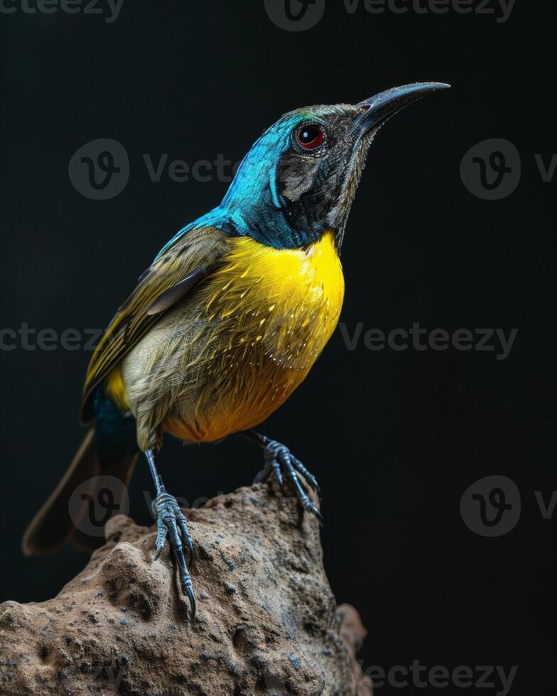 A small bird with a bright yellow and blue head photo