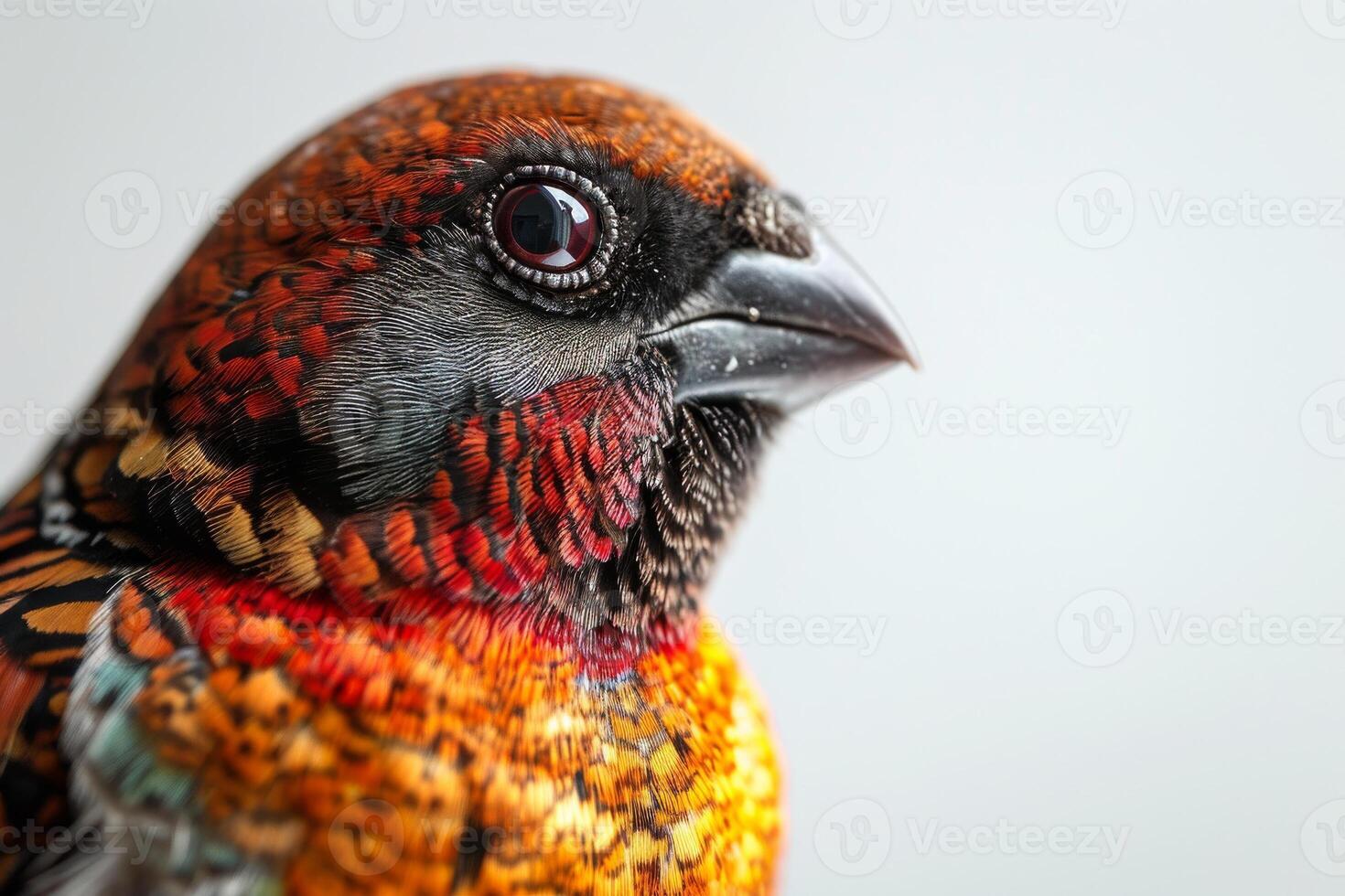 A close up of a colorful bird with red, yellow and orange feathers photo