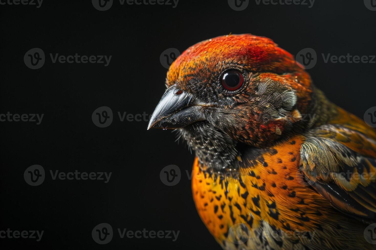 A close up of a bird with a red and orange head photo