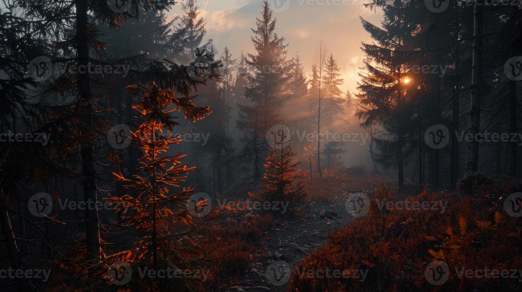 Sunlit Forest Path at Dawn photo
