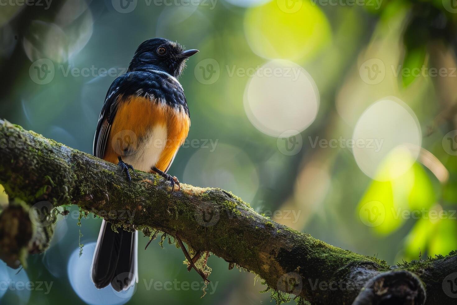 A black and orange bird is sitting on a branch photo