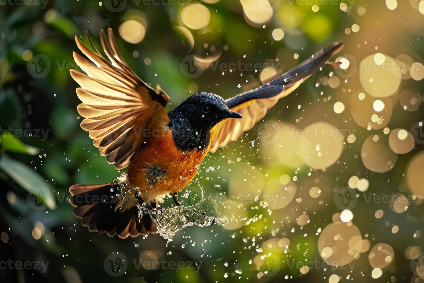 A bird flying over a green background with water droplets photo