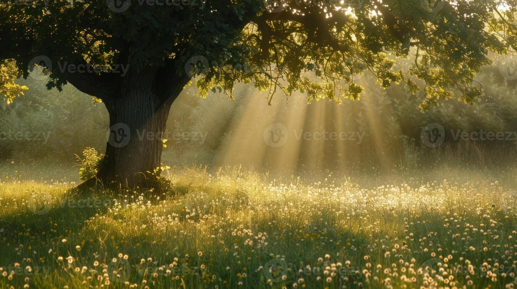 Sunbeams Through the Trees in a Foggy Meadow photo