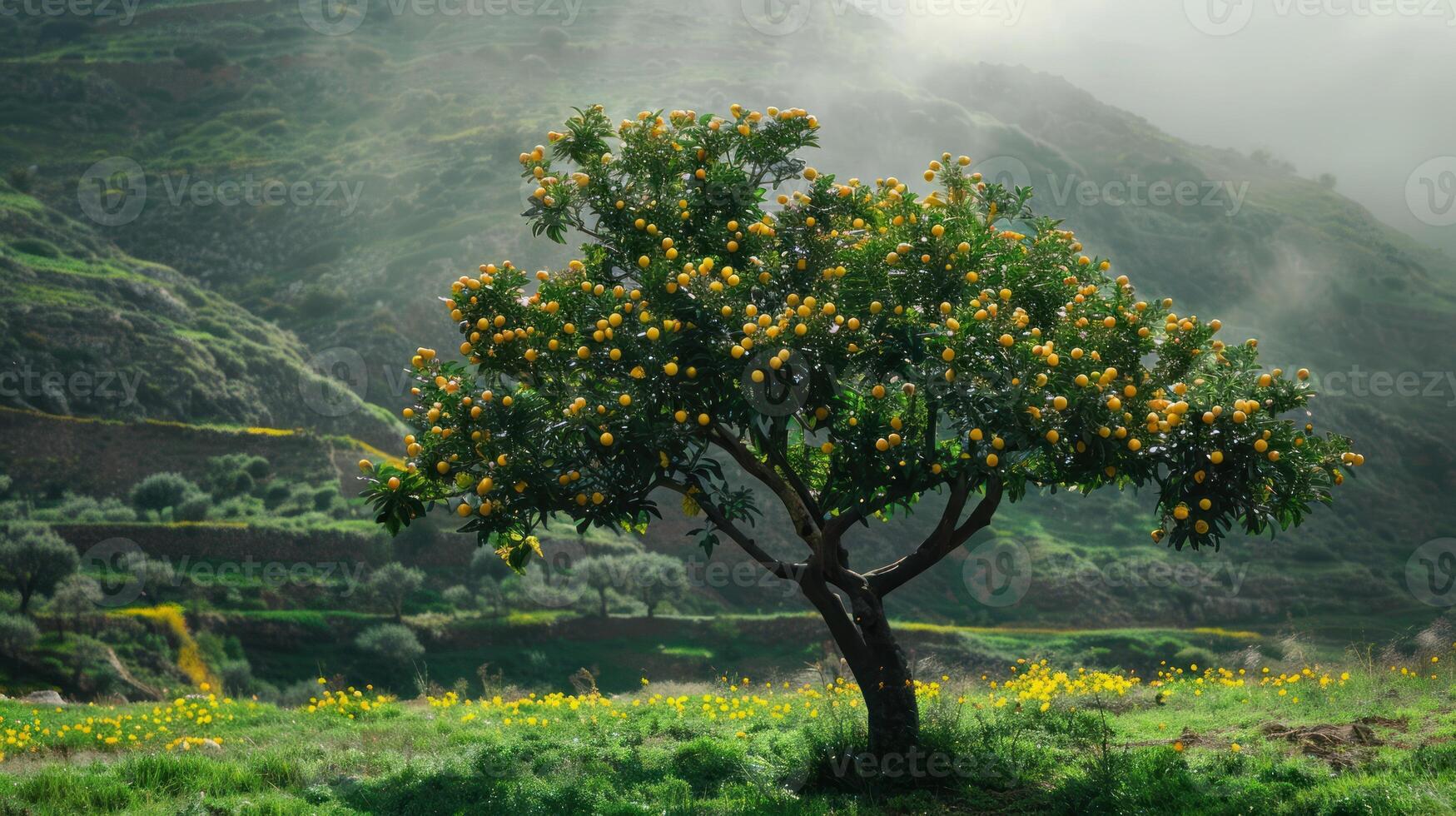 Orange Tree in a Foggy Landscape photo