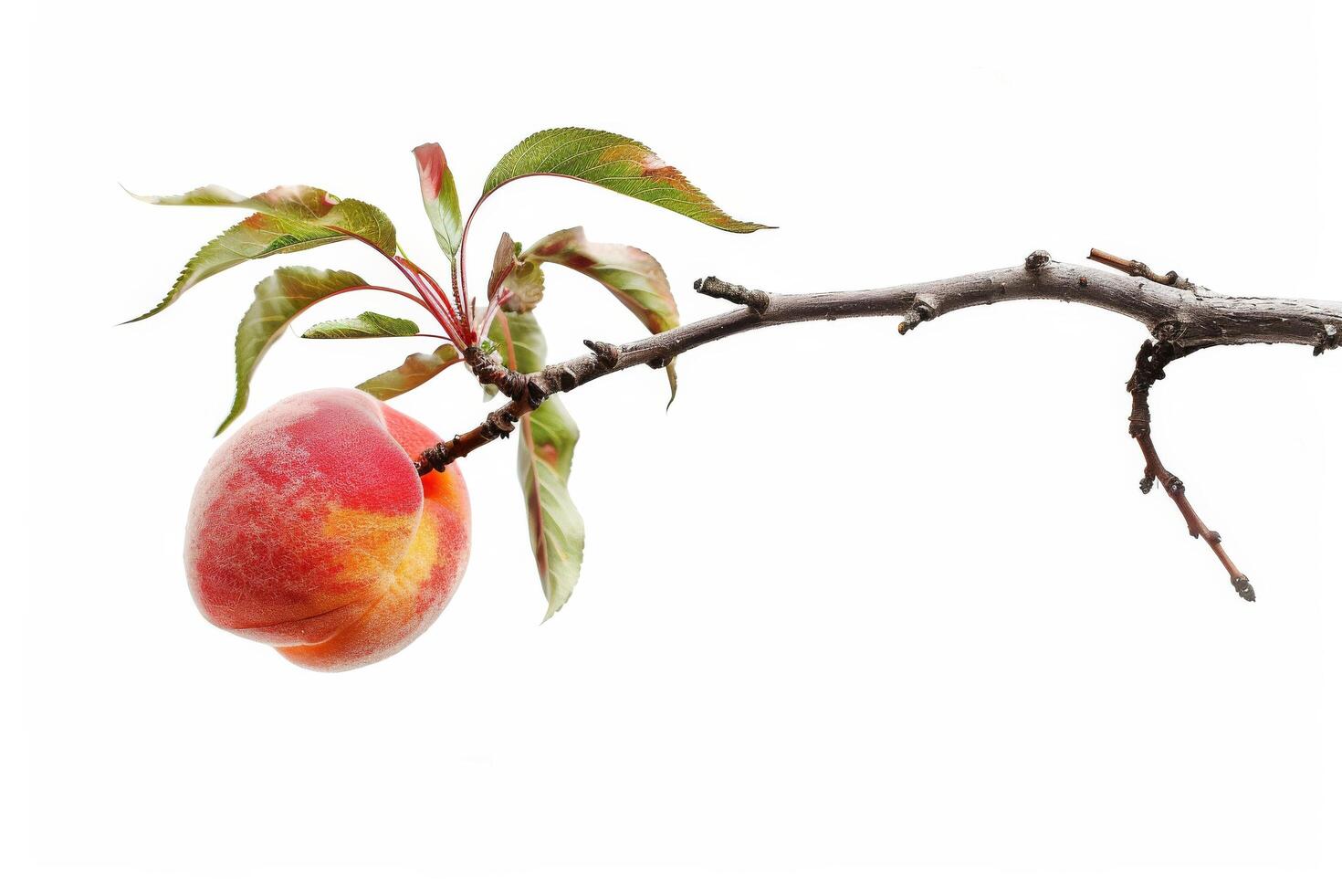 A peach on a branch with leaves photo