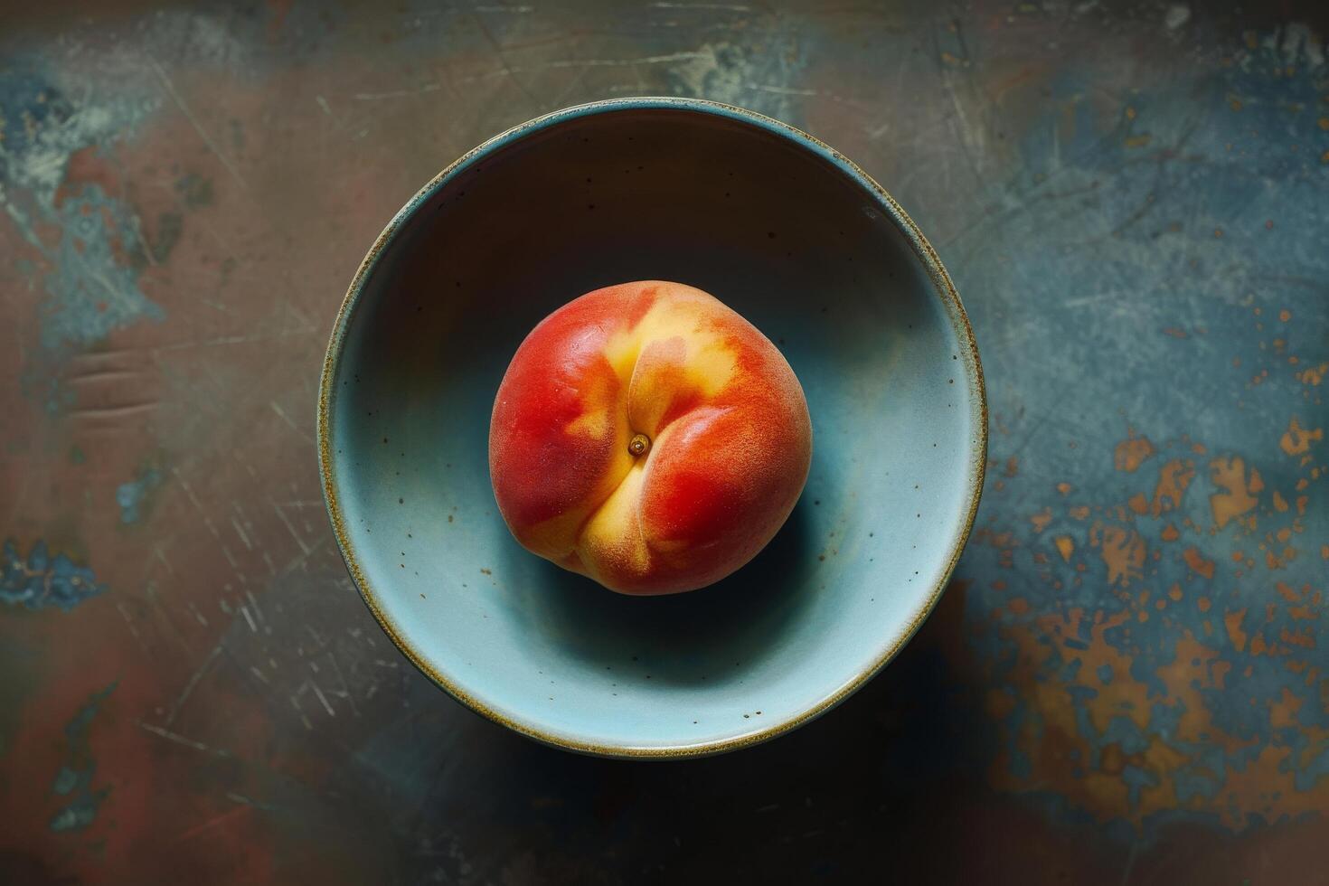 A single peach in a bowl on a table photo