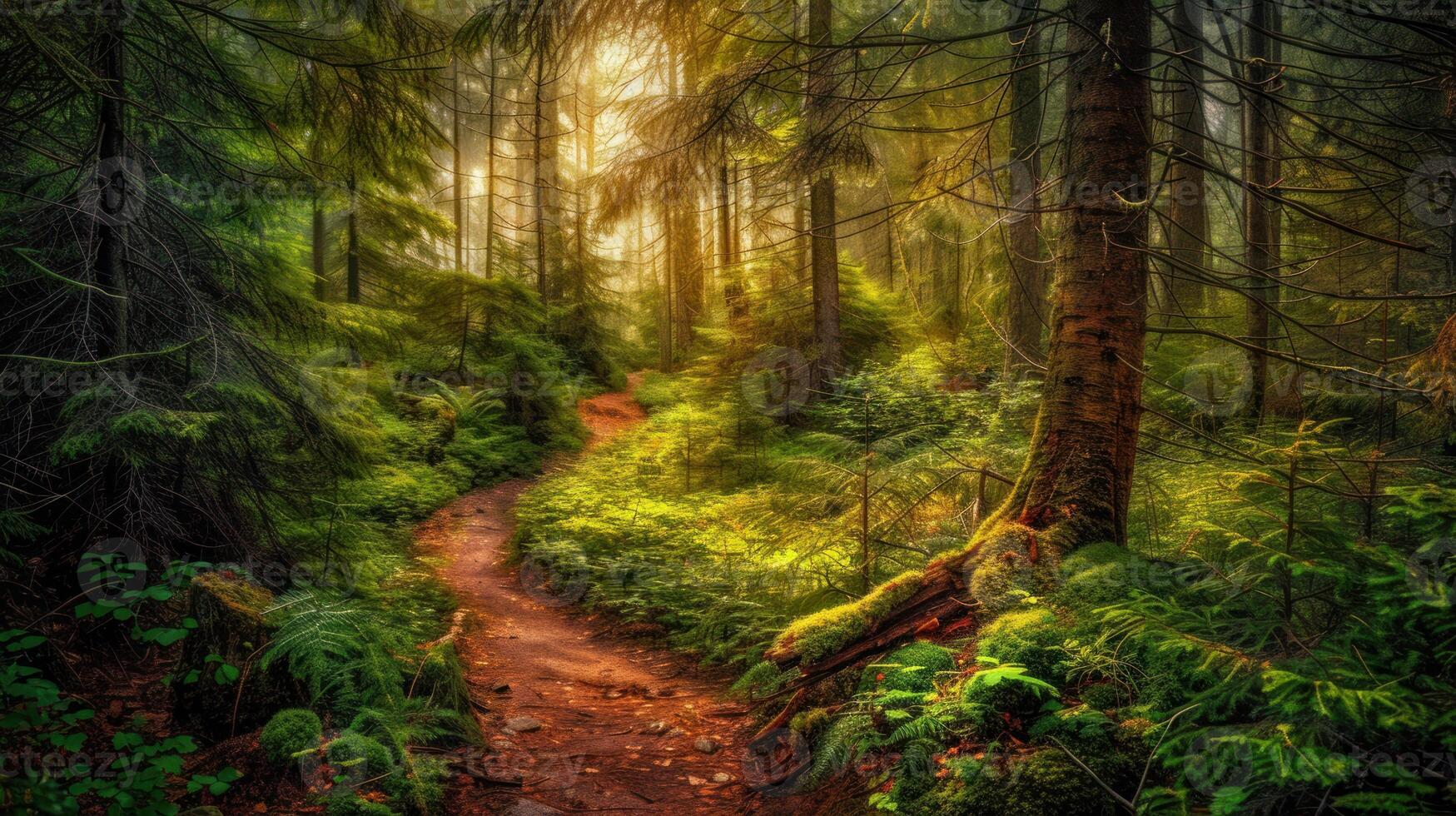 Sunlit Path Through a Mystical Forest photo