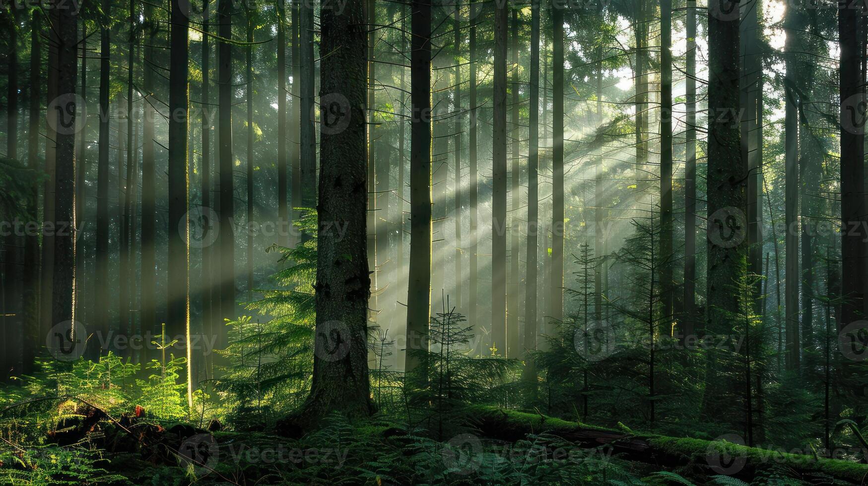 Sunbeams Piercing Through a Misty Forest photo