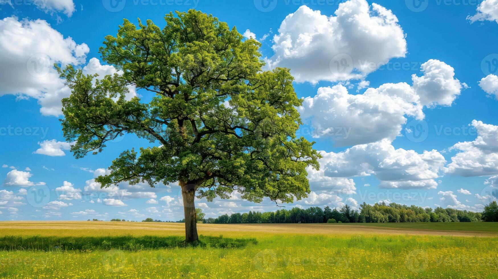 Solitary Oak Tree in a Field on a Sunny Day photo