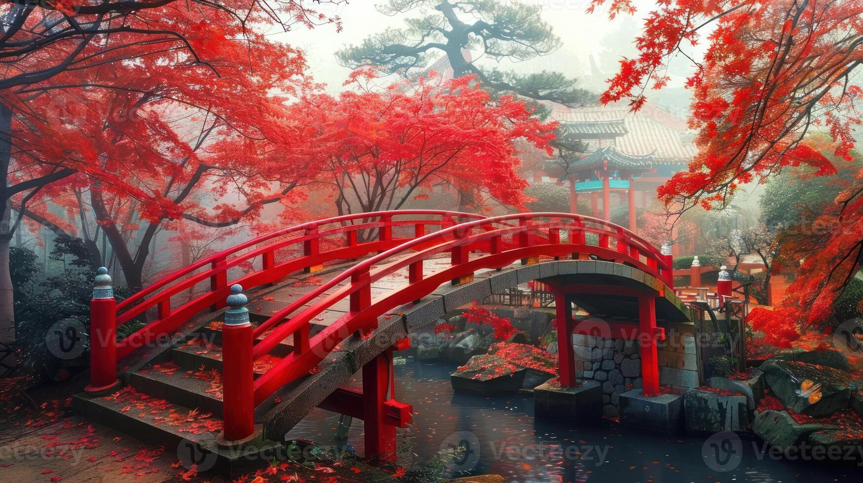 Red Bridge in a Misty Autumn Garden photo