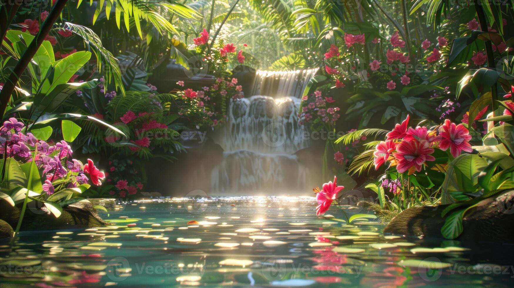 Tranquil Jungle Waterfall with Pink Flowers photo