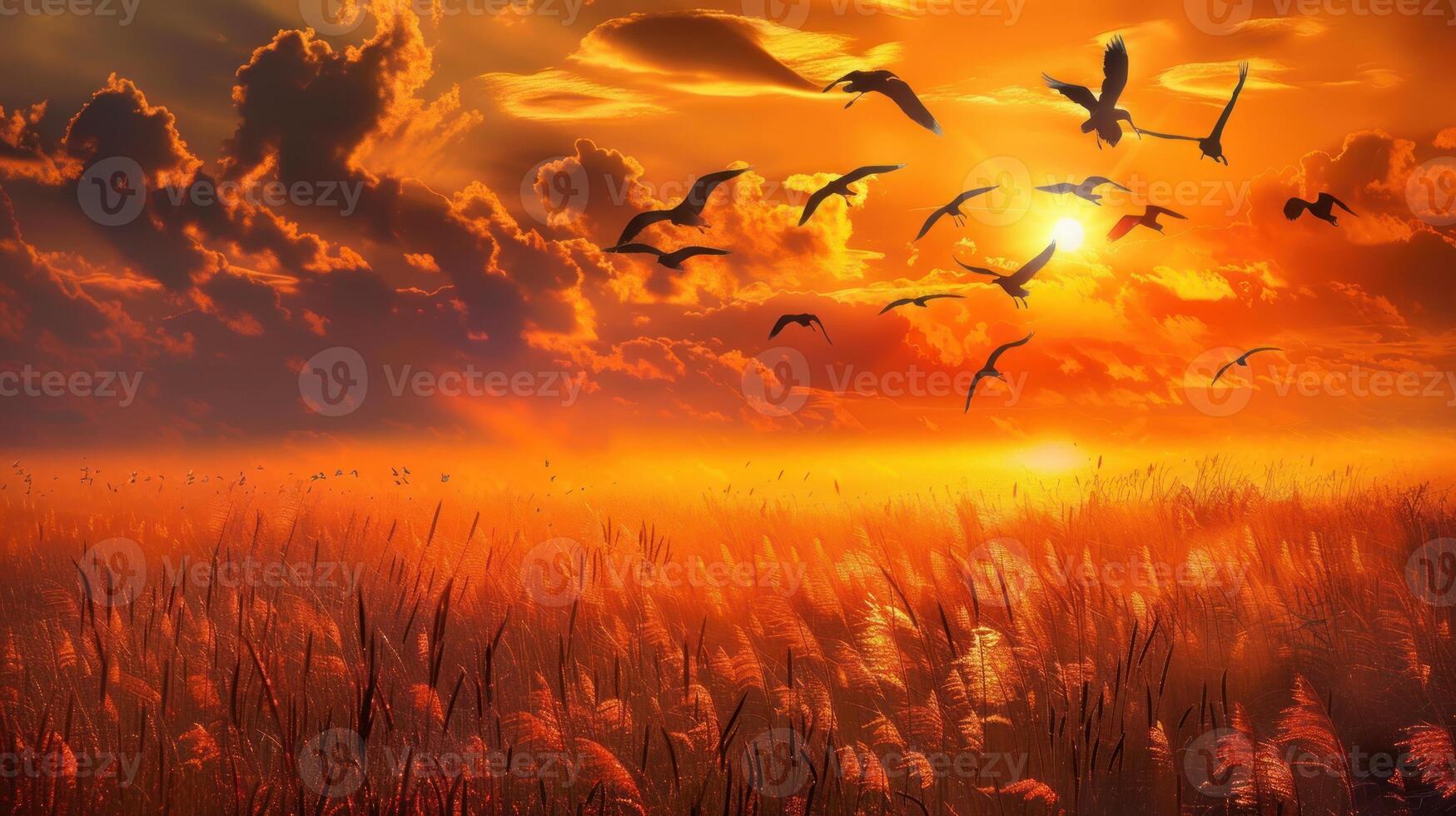 Sunset Silhouette of Birds Flying Over a Field photo