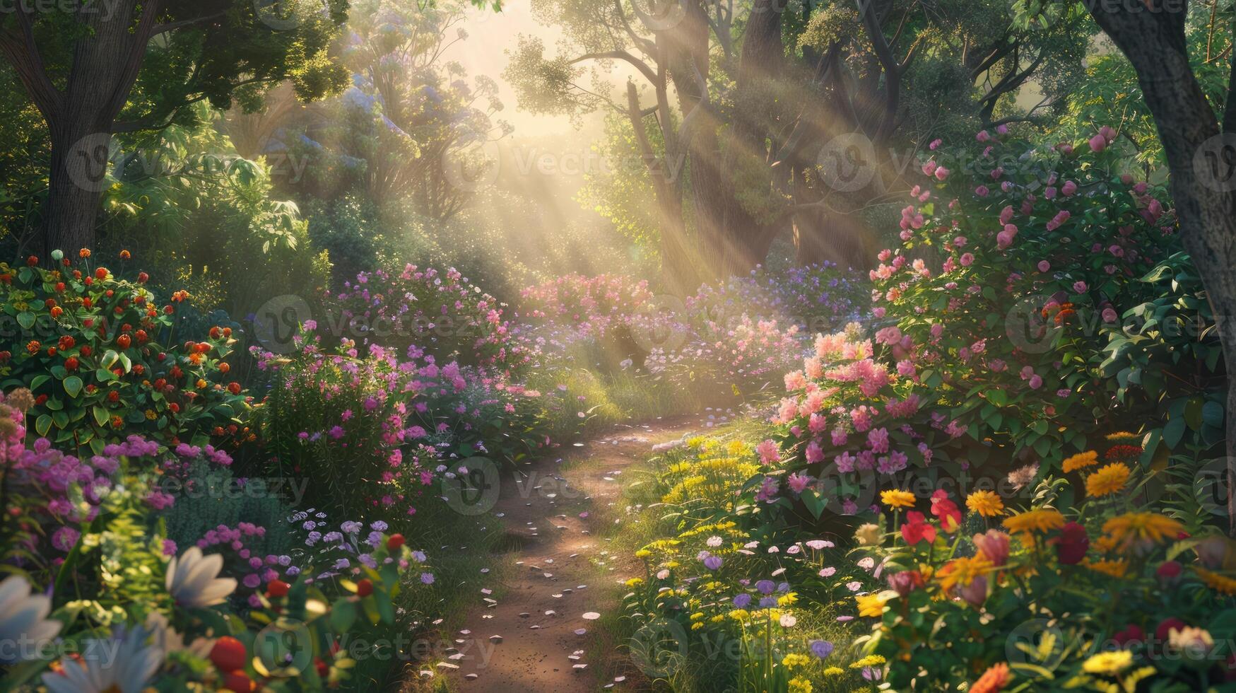 Sunbeams Through a Floral Forest Path photo