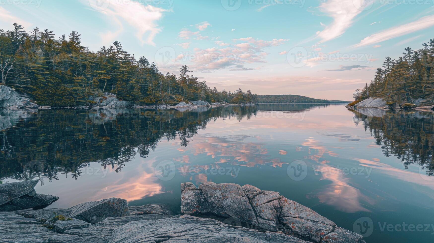 Serene Sunset Reflection on a Tranquil Lake photo
