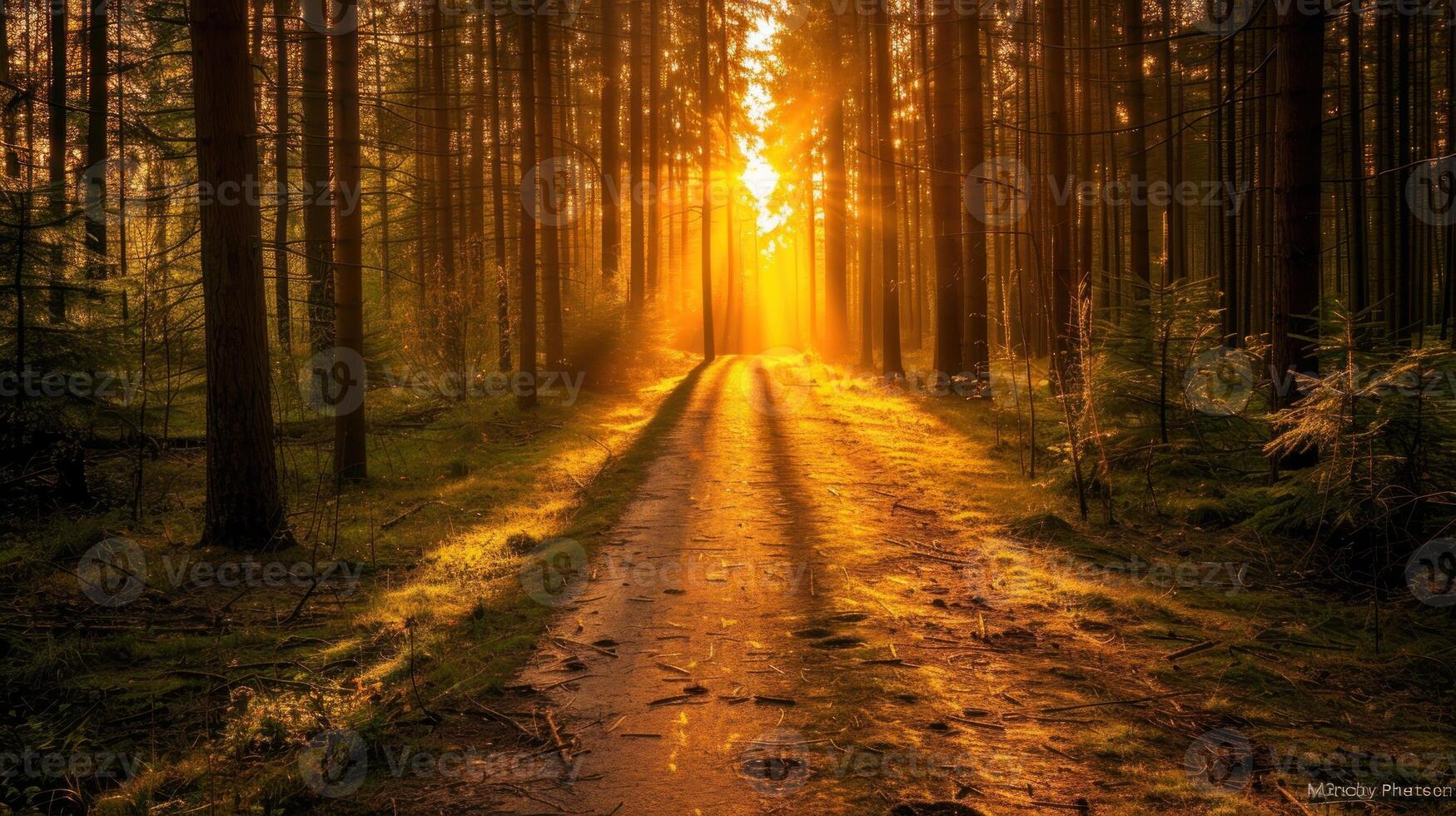 Sunbeams Through the Trees in a Forest photo