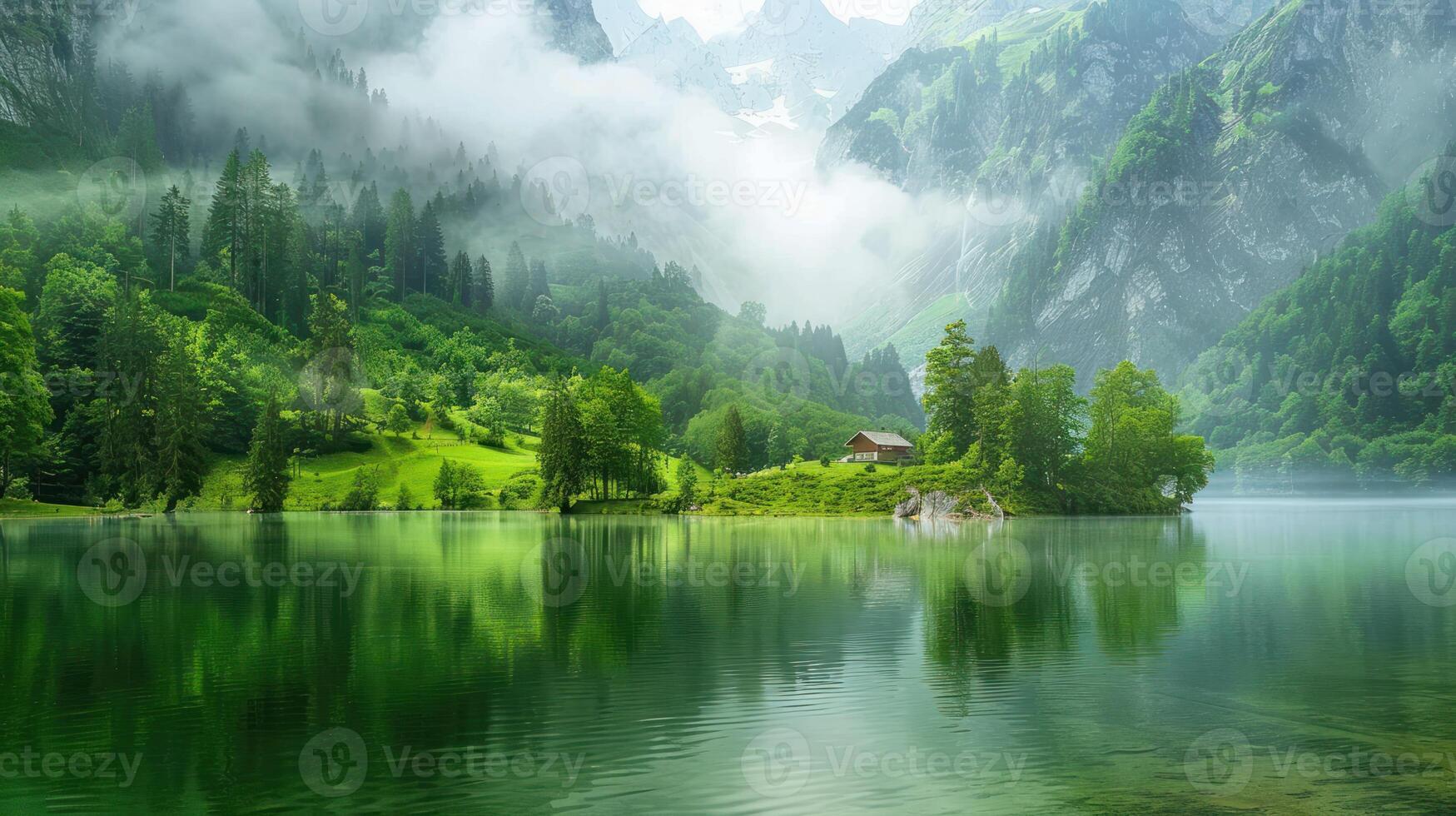Misty Mountain Lake with Cabin and Forested Slopes photo