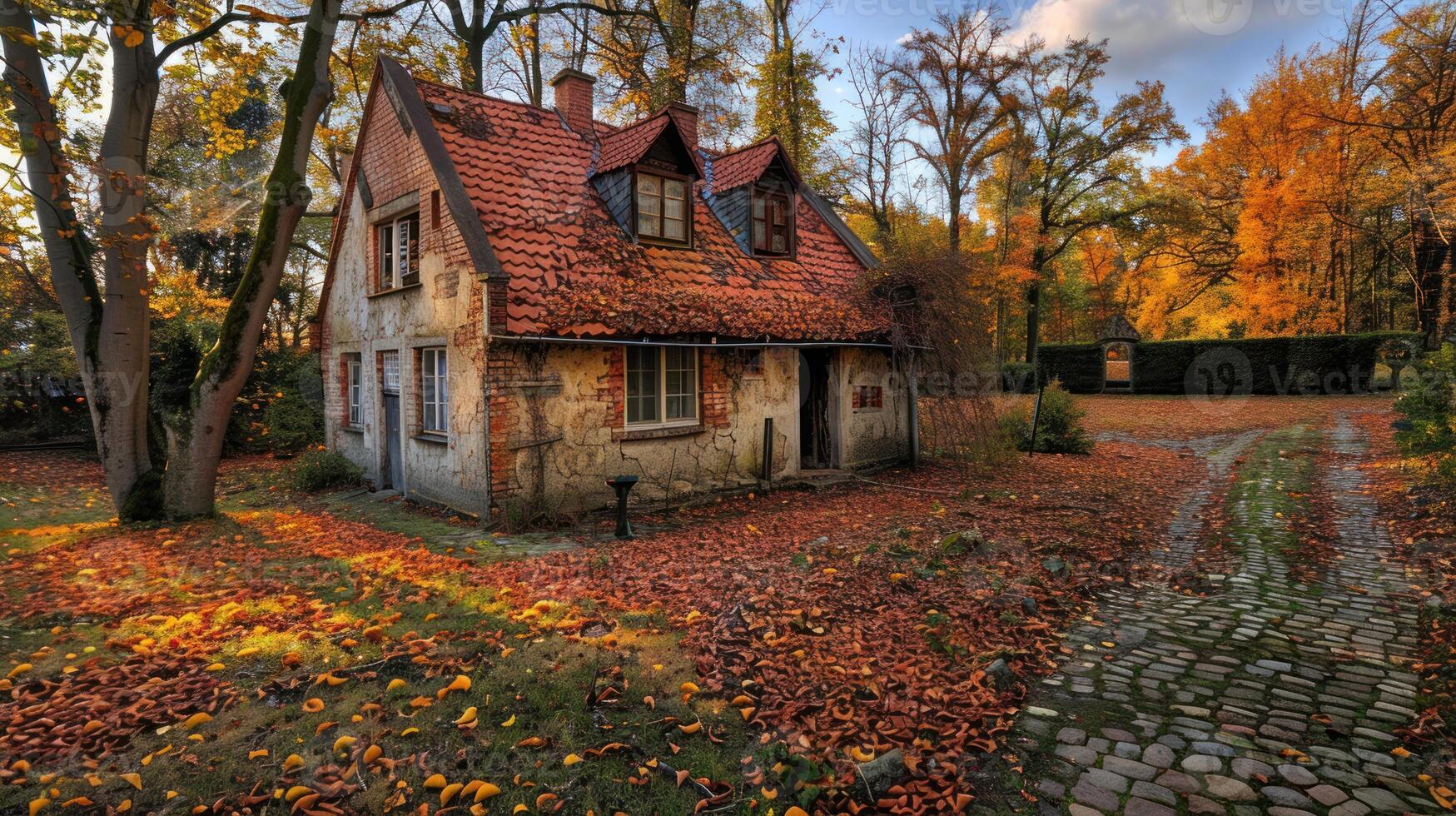 Autumnal Cottage with Cobblestone Path photo