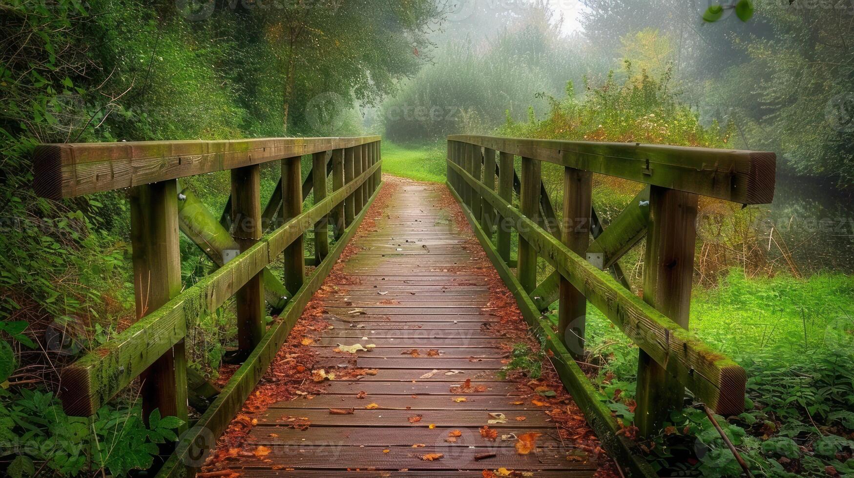 Wooden Bridge Leading Into the Misty Forest photo