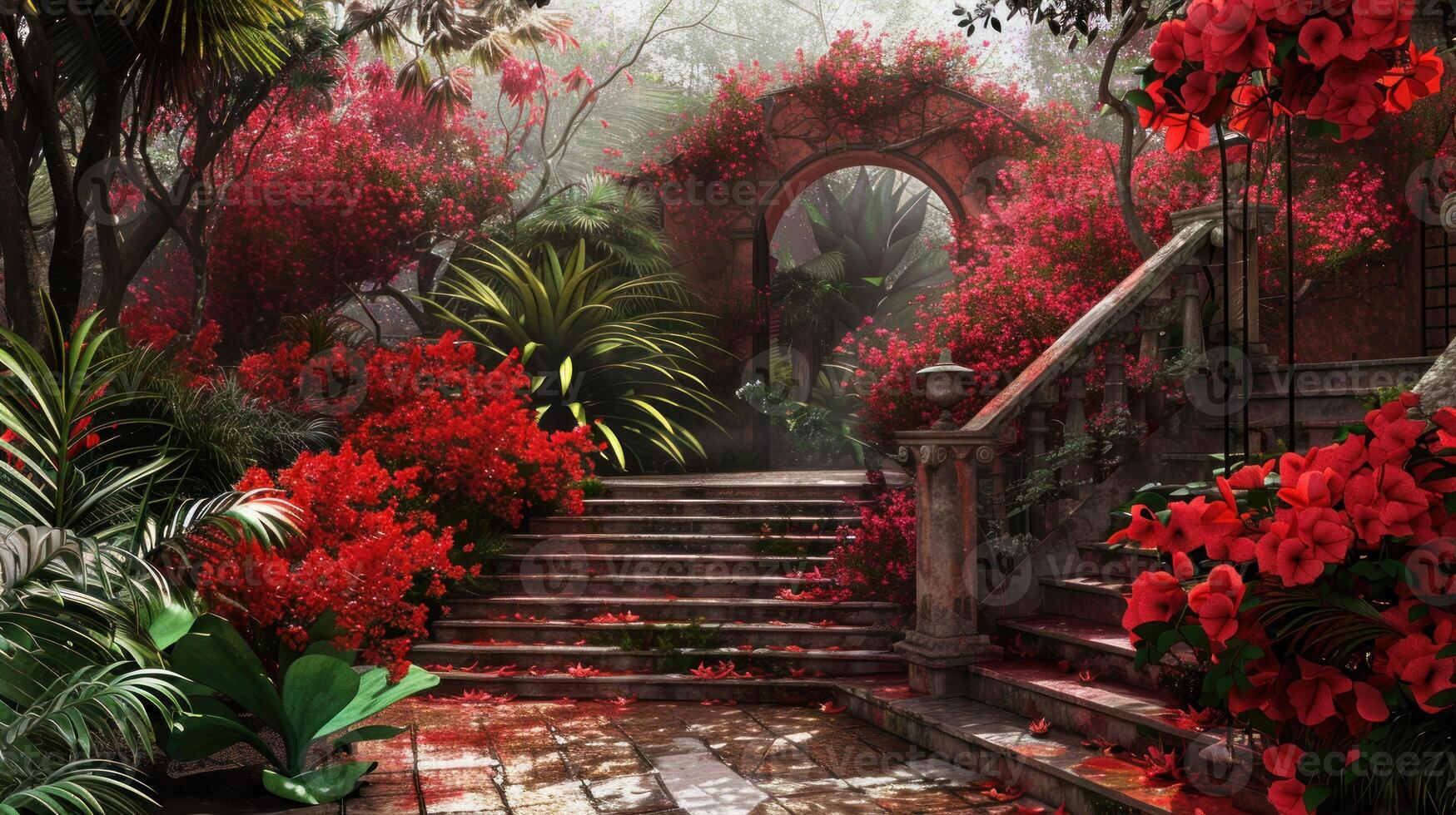 Red Flower Archway in a Misty Garden photo
