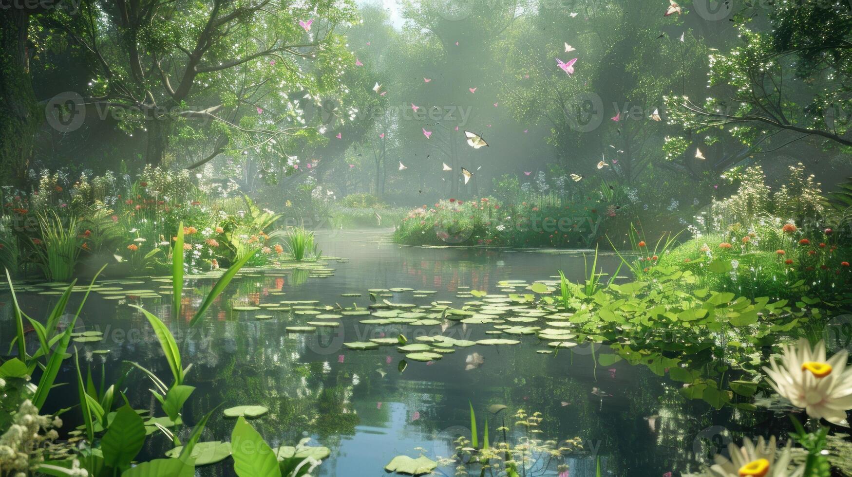 Enchanted Forest Pond with Butterflies photo