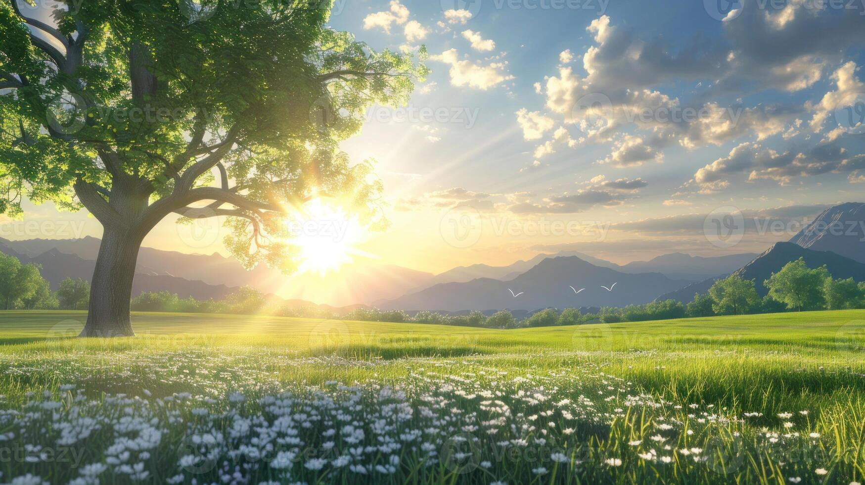 Serene Sunset Landscape with a Lone Tree photo