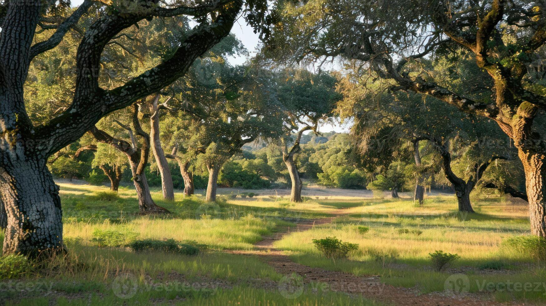 Pathway Through a Sun-Dappled Oak Grove photo