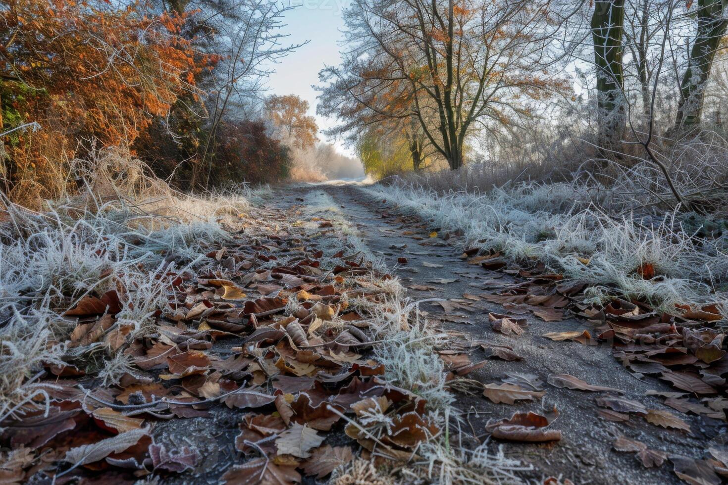 Frosty Winter Trail Lined with Fallen Leaves photo