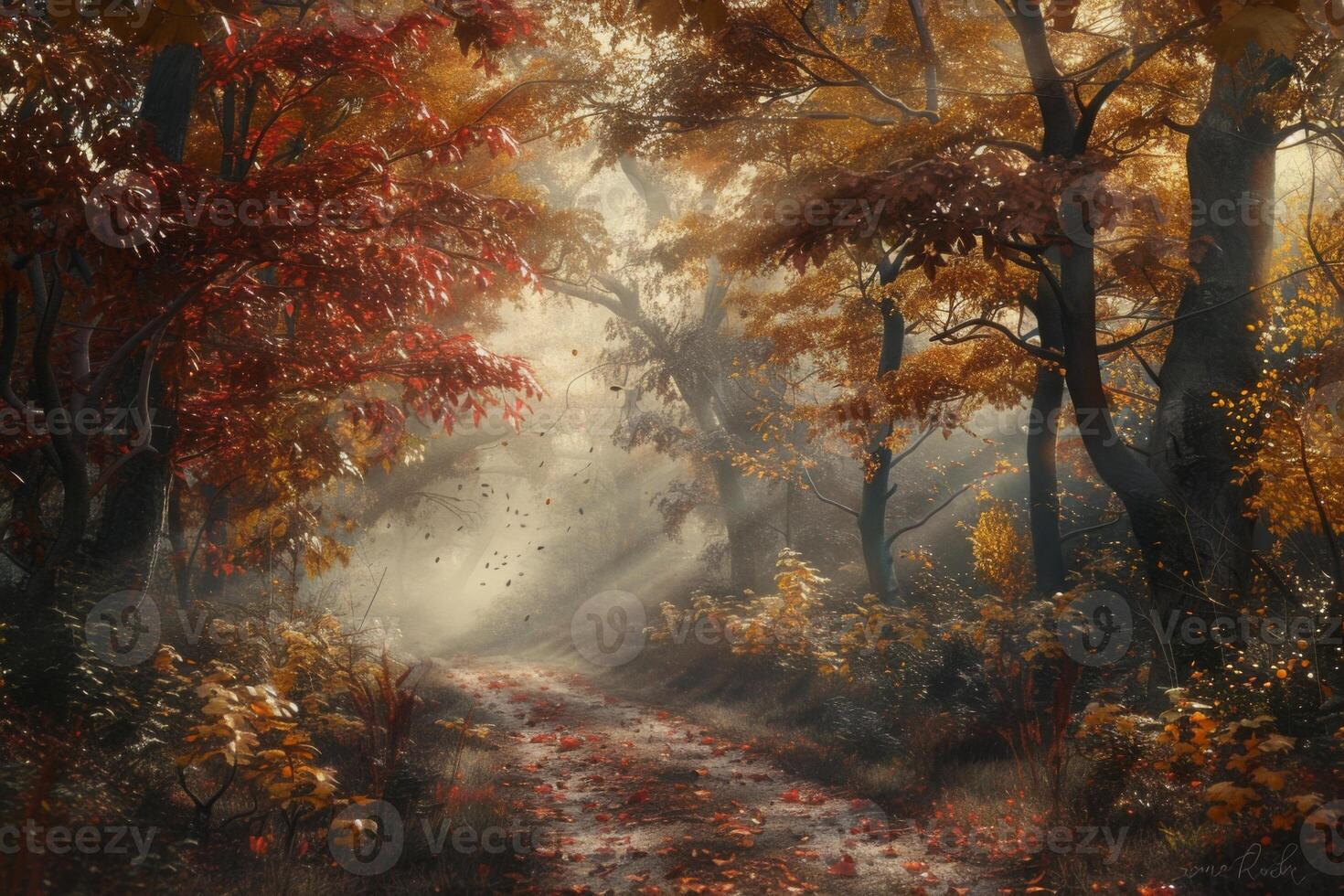 Autumnal Forest Path with Sun Rays and Falling Leaves photo