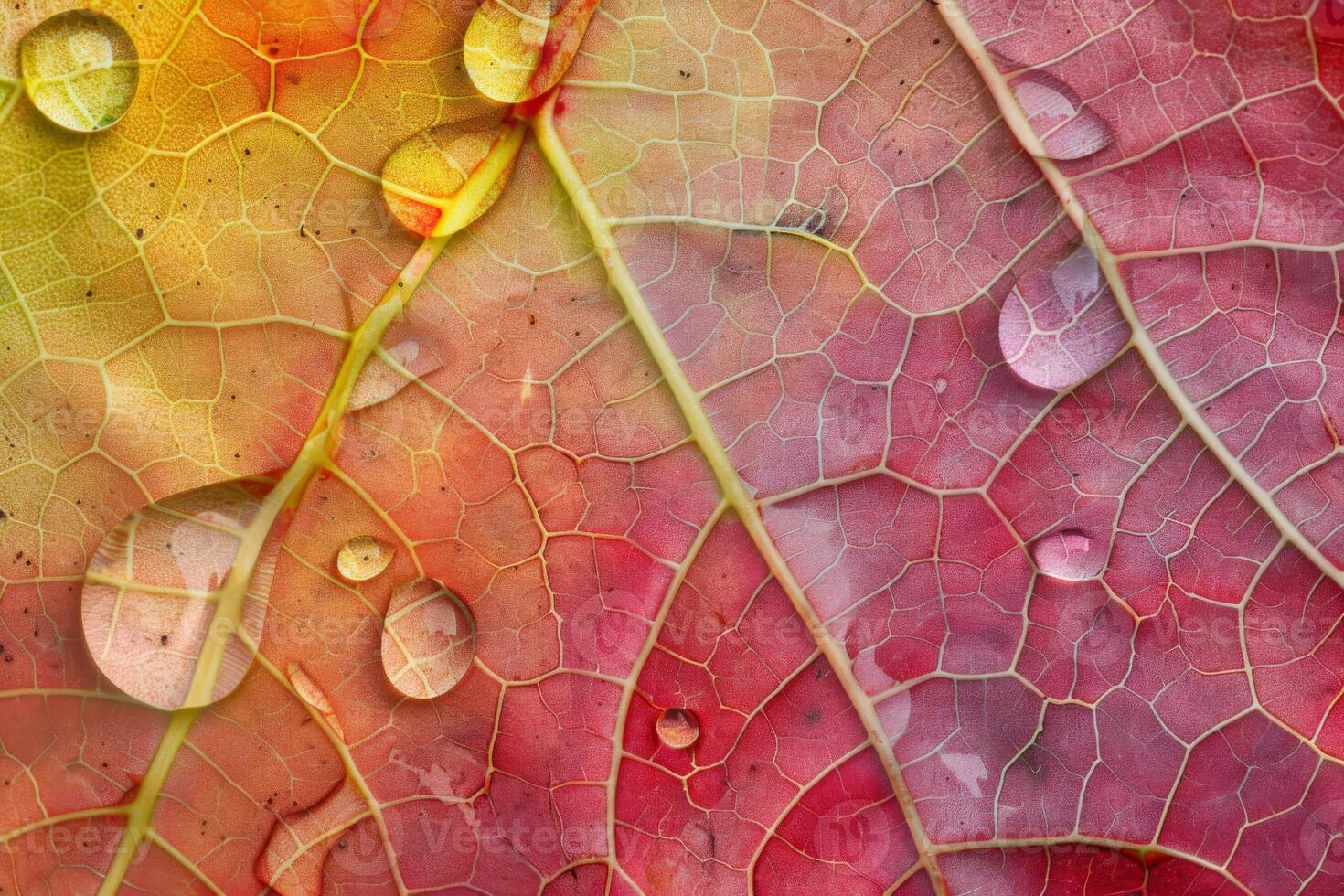 Close-Up of Raindrops on Gradient Leaf Veins photo