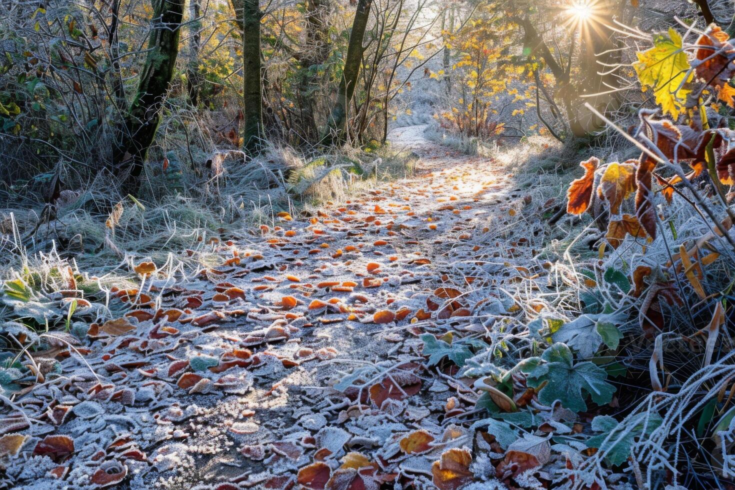 Morning Frost on a Sunny Forest Path photo