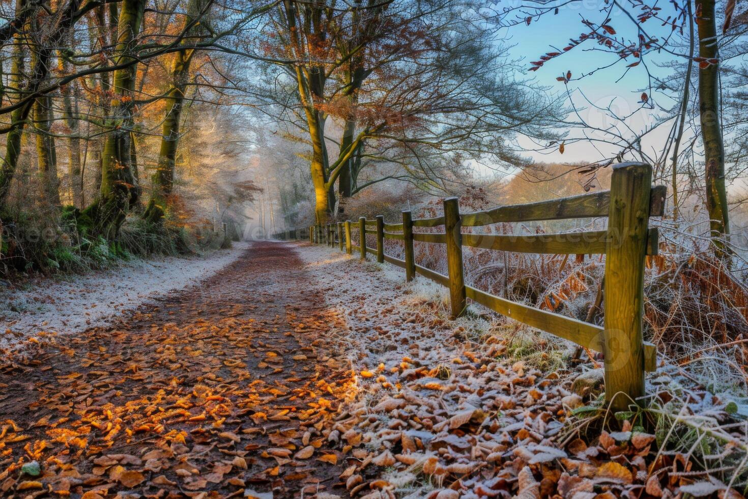 Frosty Country Path with Autumn Leaves at Sunrise photo