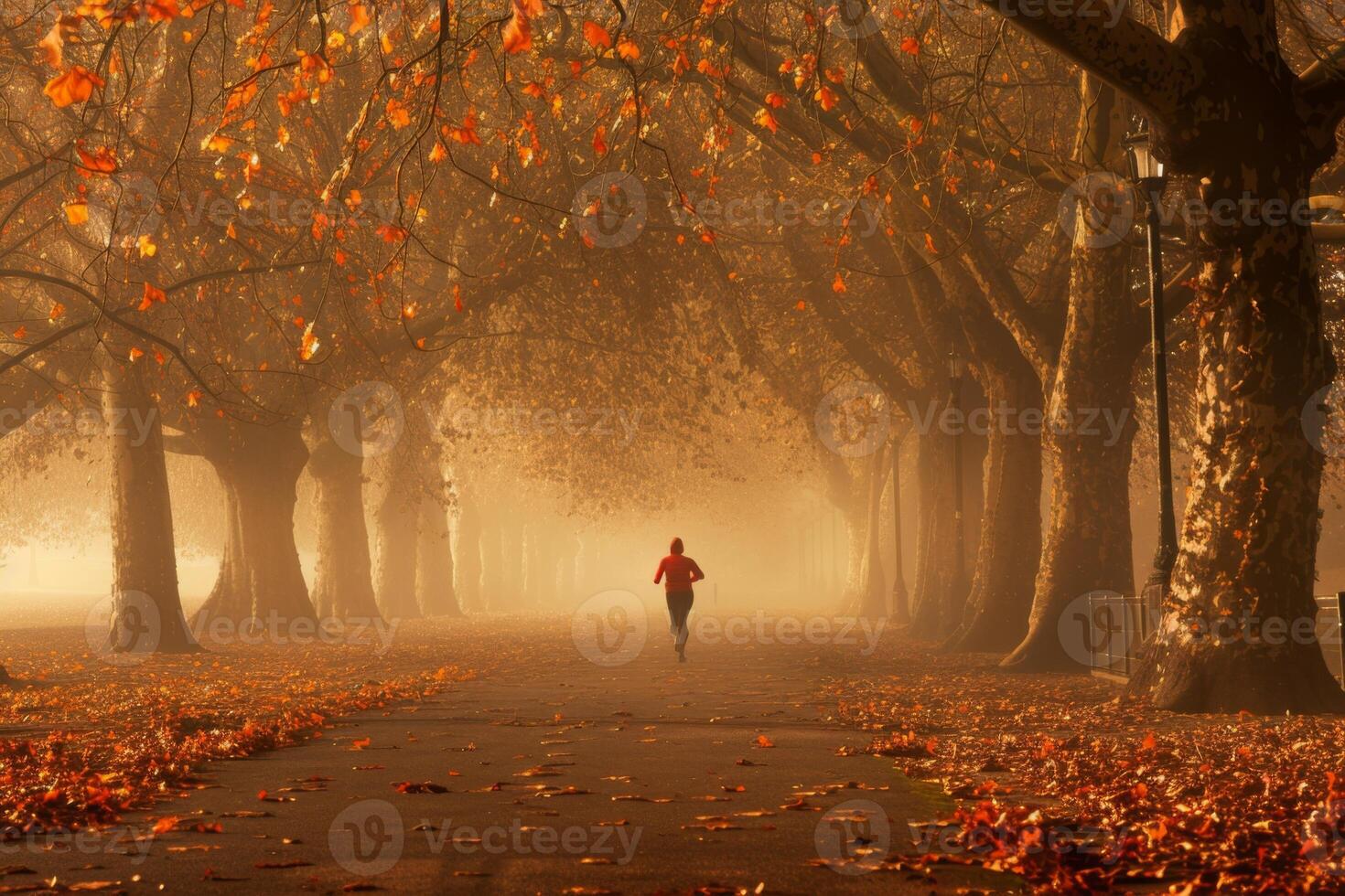 Jogger on a Misty Autumn Morning Path photo