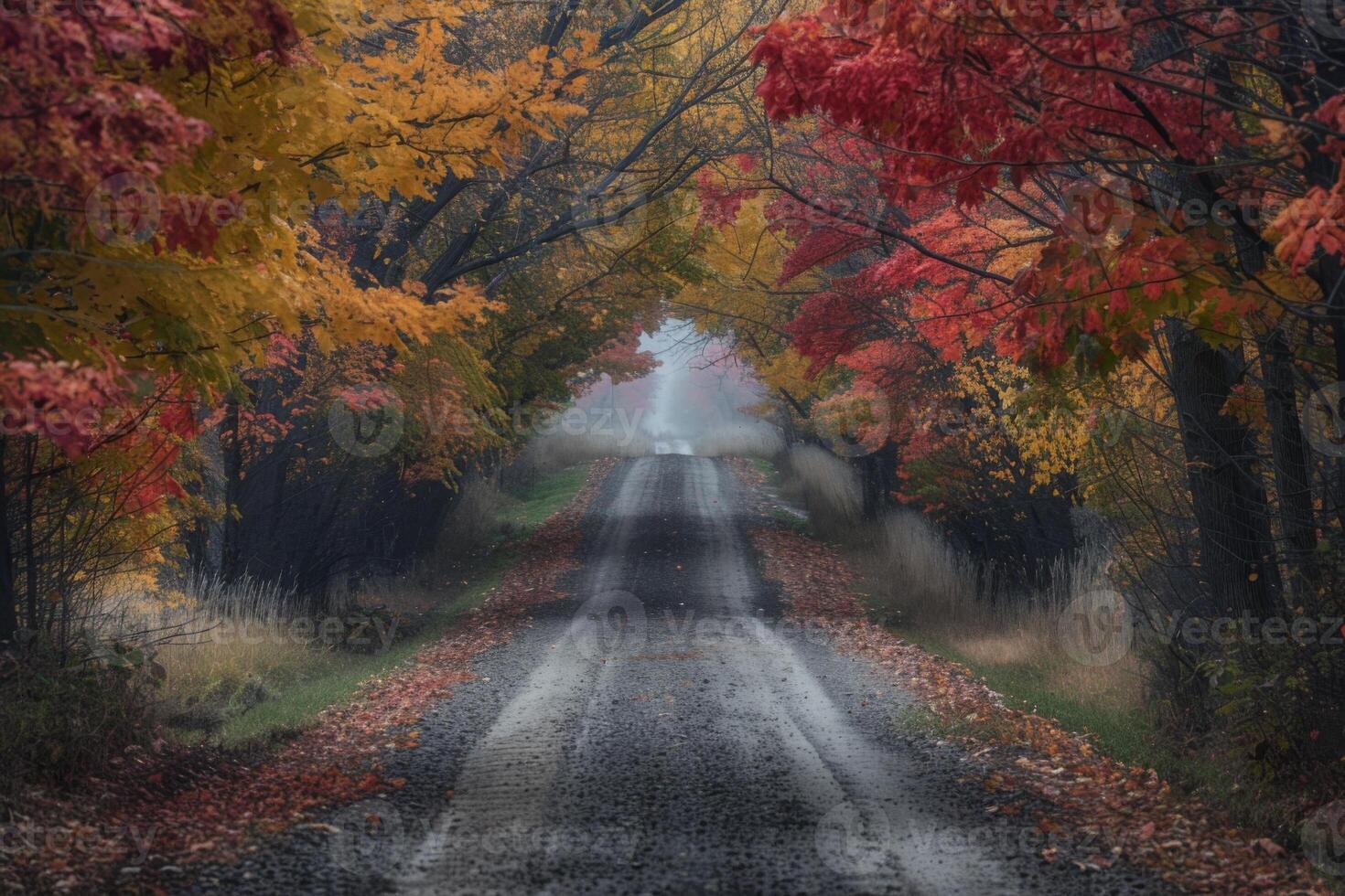A road with trees on both sides and leaves on the ground photo