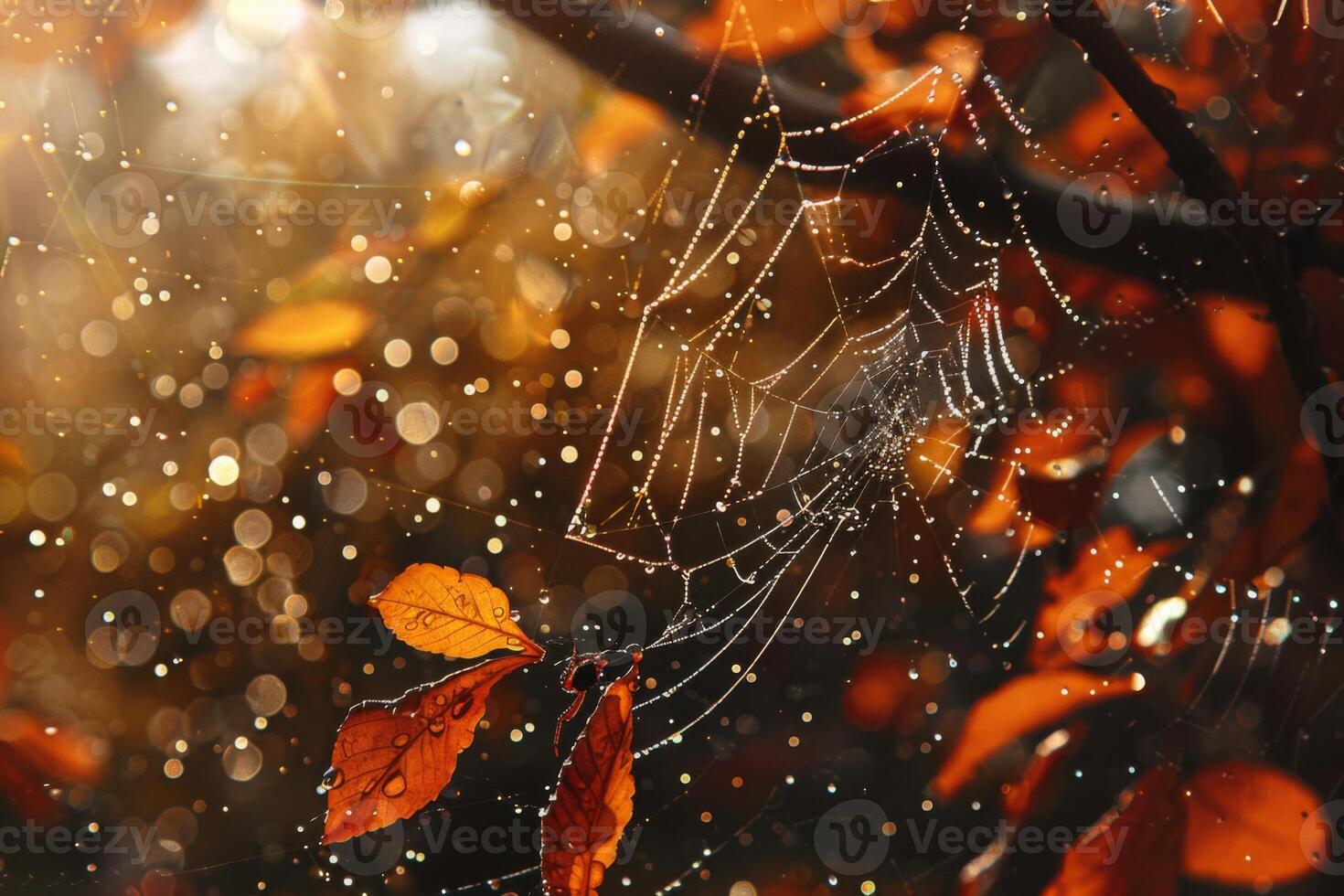 Sparkling Dew on Spider Web in Autumn Light photo
