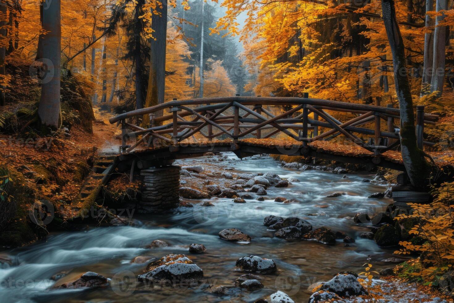 Rustic Bridge Over a Mountain Stream in Autumn photo