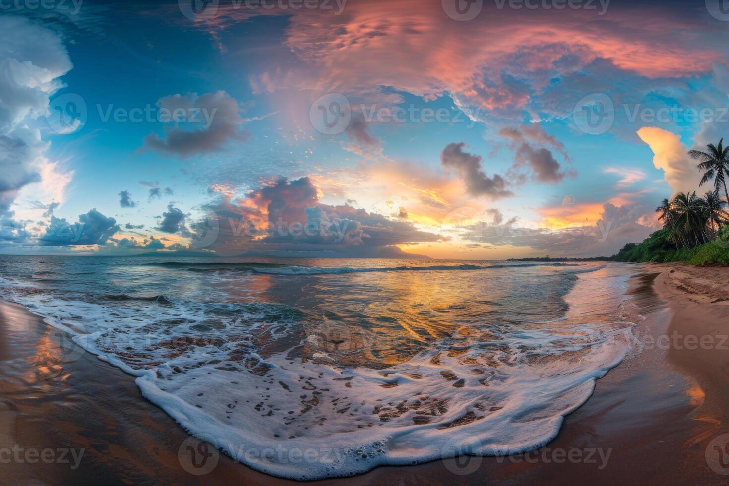 Vibrant sunset reflecting on waves at tropical beach photo