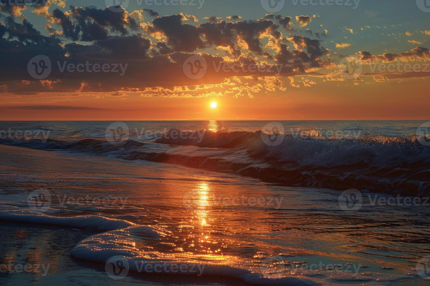 Golden sunset illuminating tropical beach and ocean waves photo