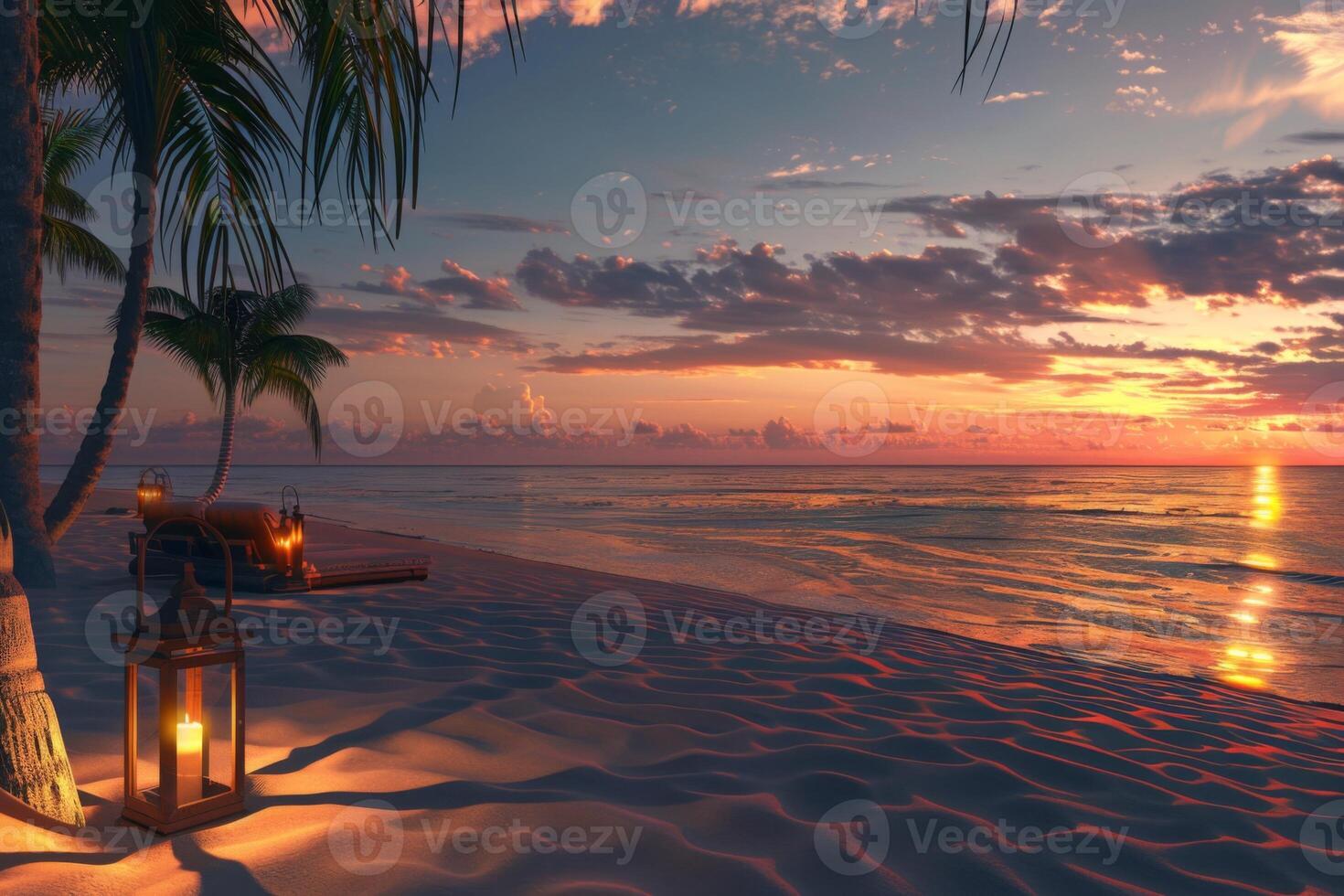 Cozy beach setup with string lights at sunset photo