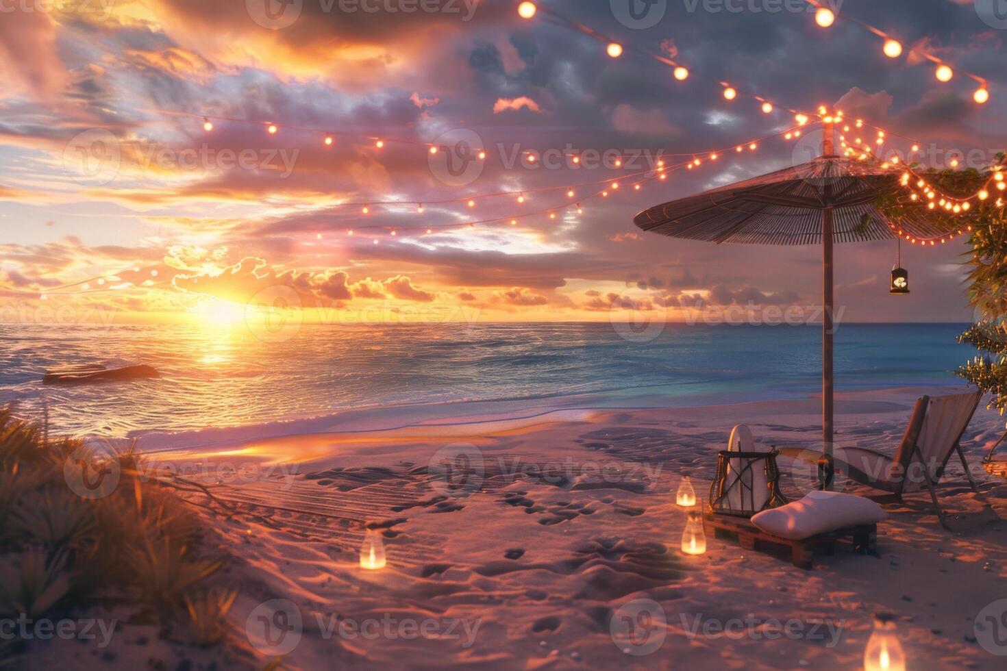 Cozy beach setup with string lights at sunset photo