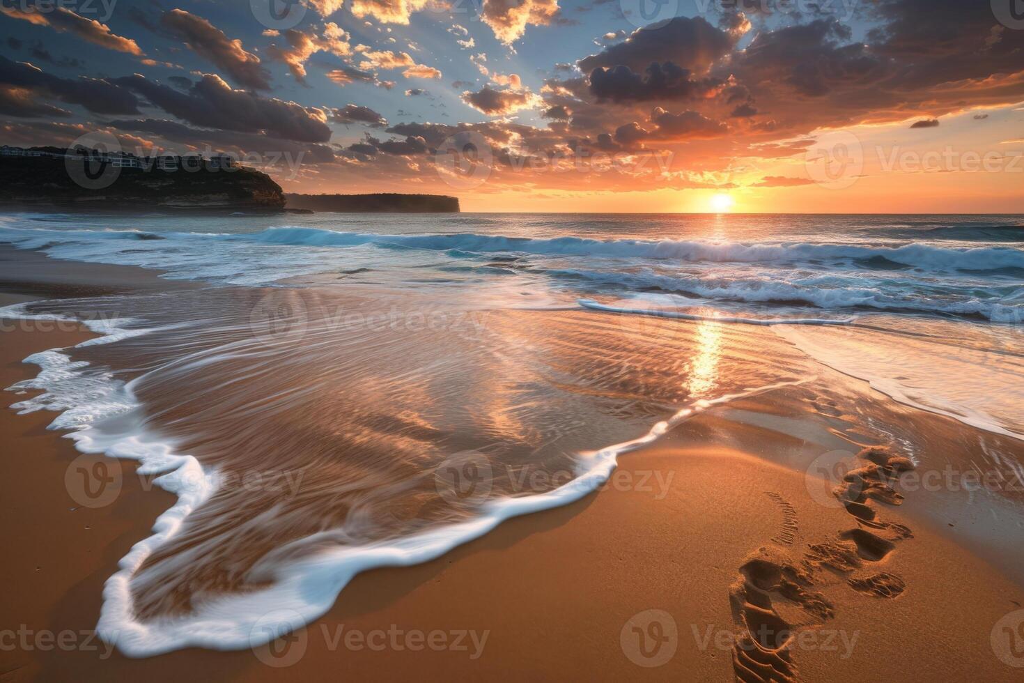 Vibrant sunrise over ocean waves on sandy beach photo