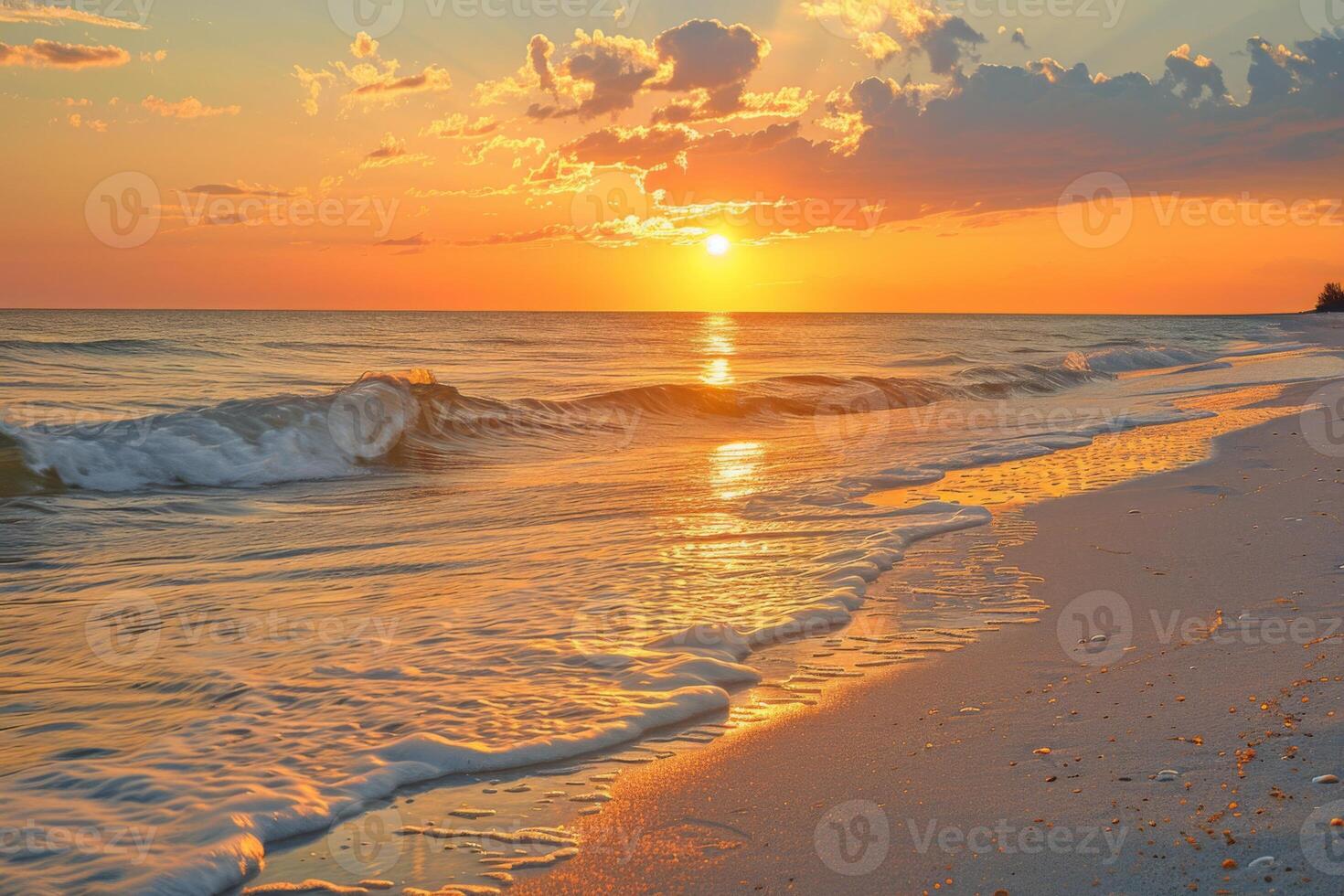 Serene beach at sunrise with gentle waves photo