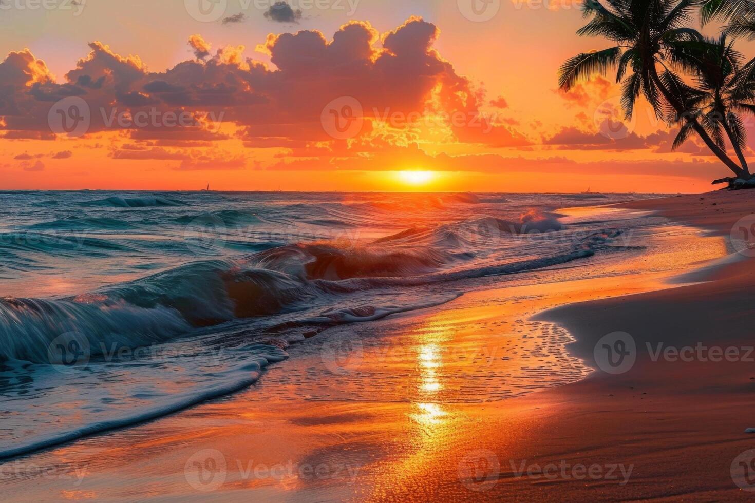 Sunrise over tropical beach with palm tree and ocean waves photo
