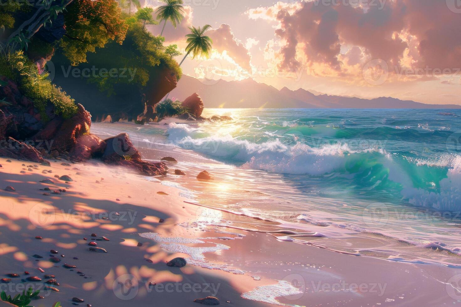 Pastel ocean waves on sandy shore at sunrise photo