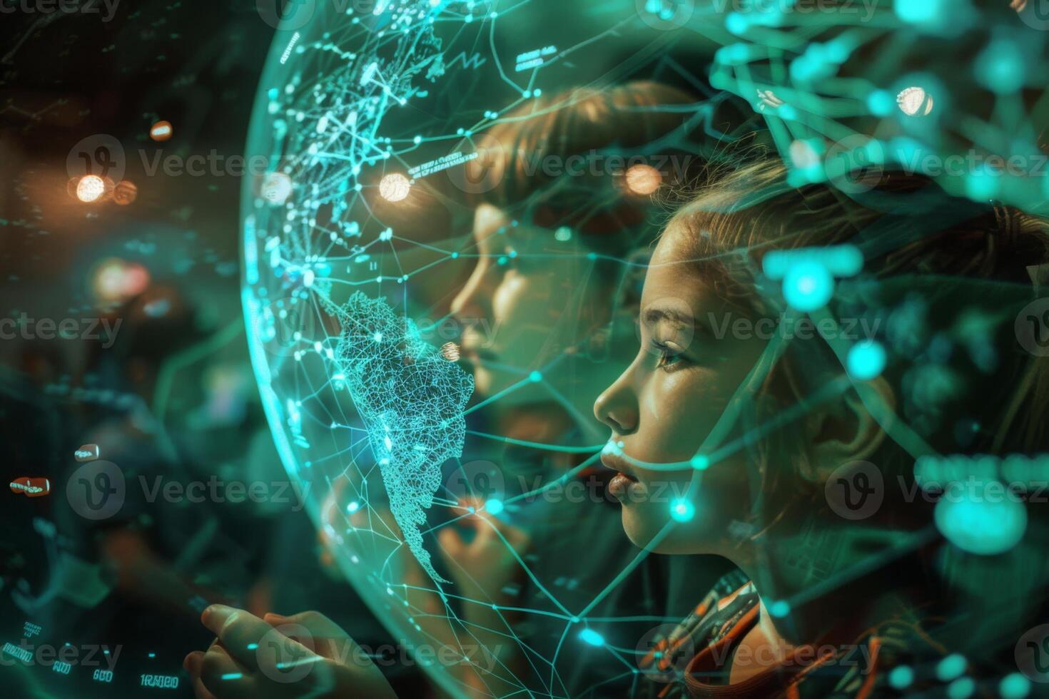 Students Exploring Futuristic Digital World Map Display photo