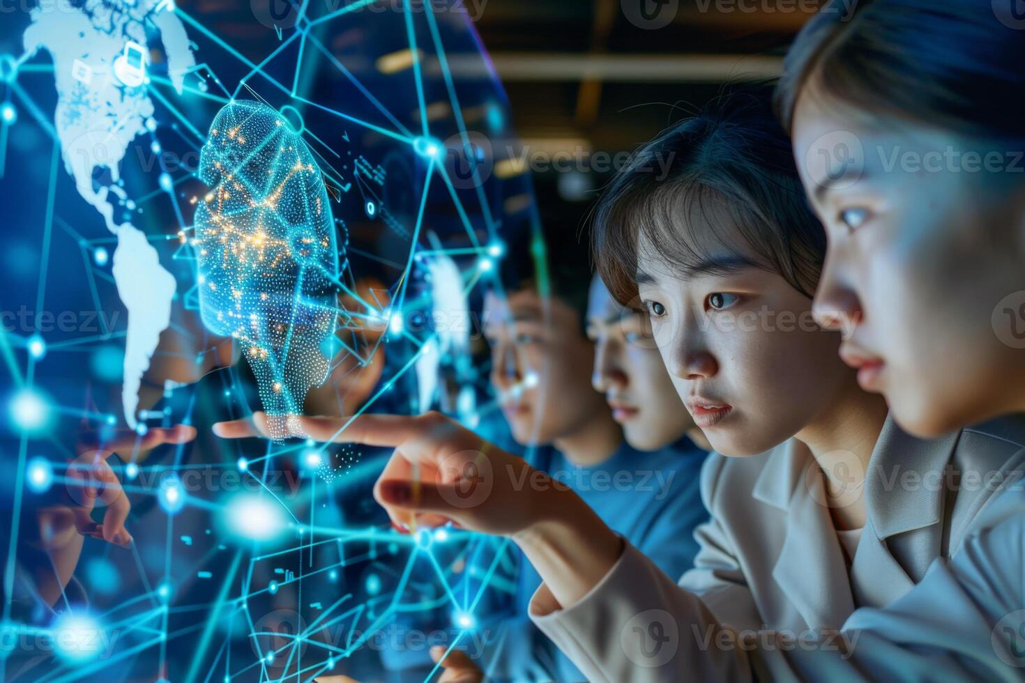 Students Exploring Futuristic Digital World Map Display photo