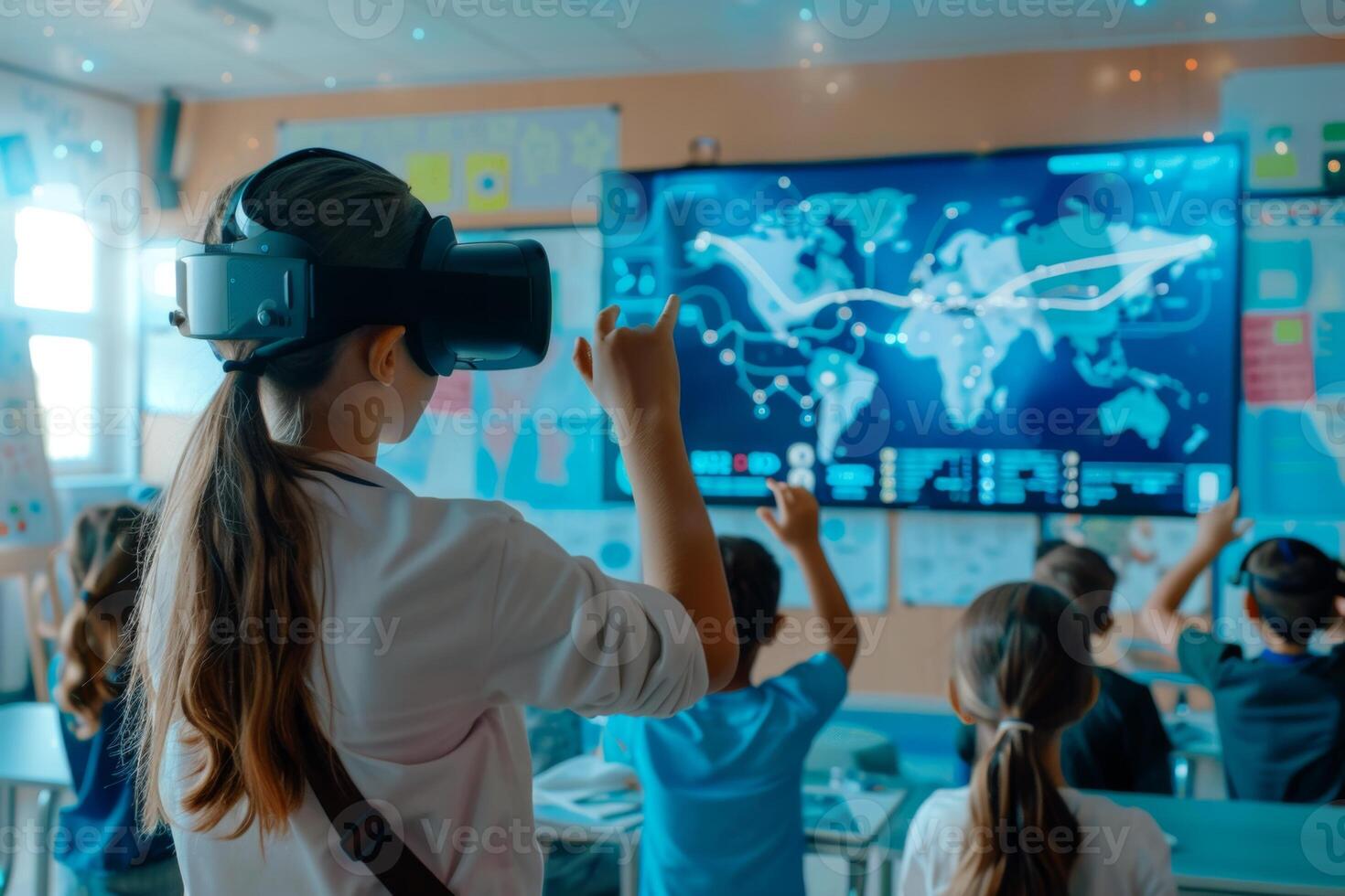 Student Using VR Headset in High-Tech Classroom photo