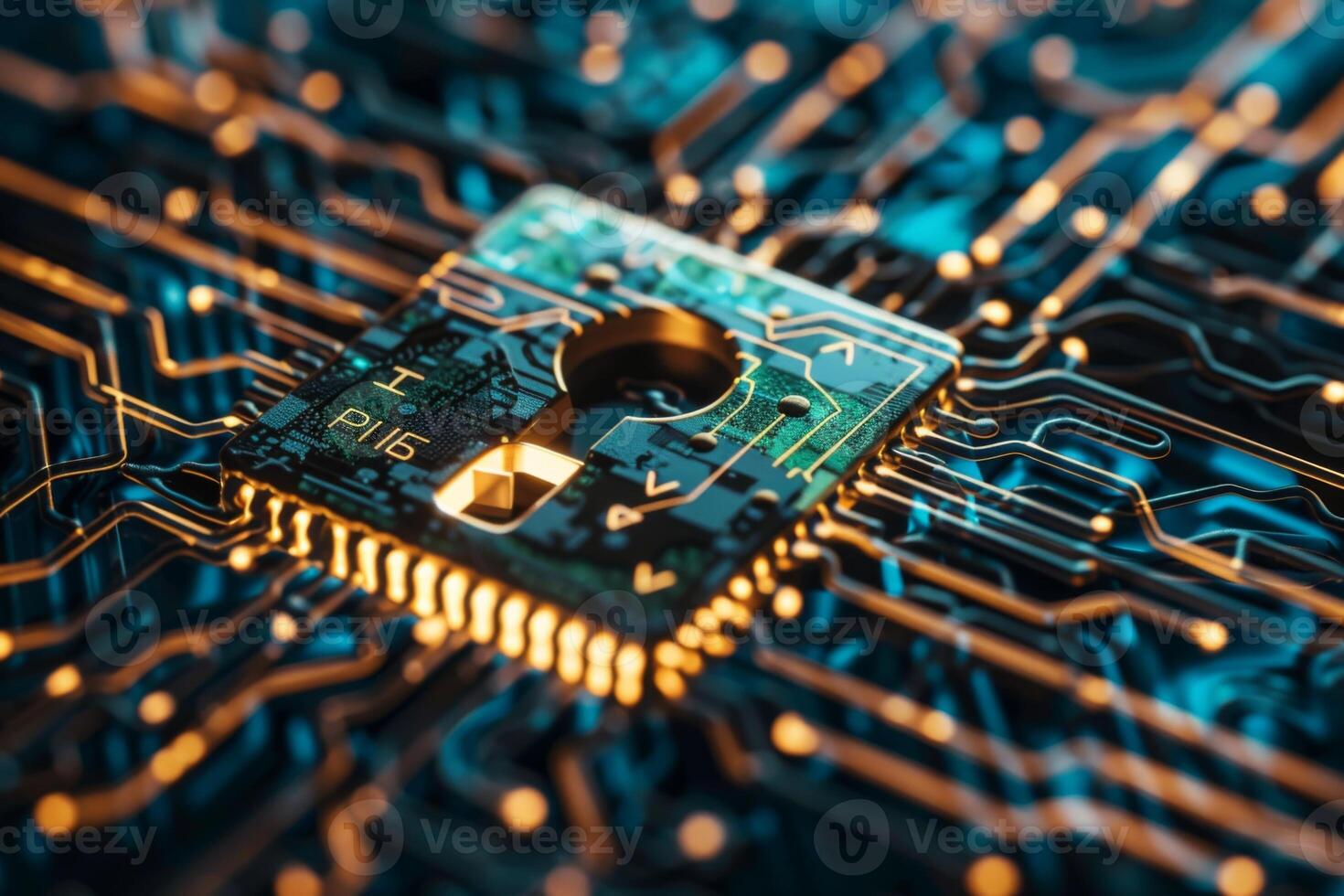 Quantum Computing Chip with Glowing Circuitry photo