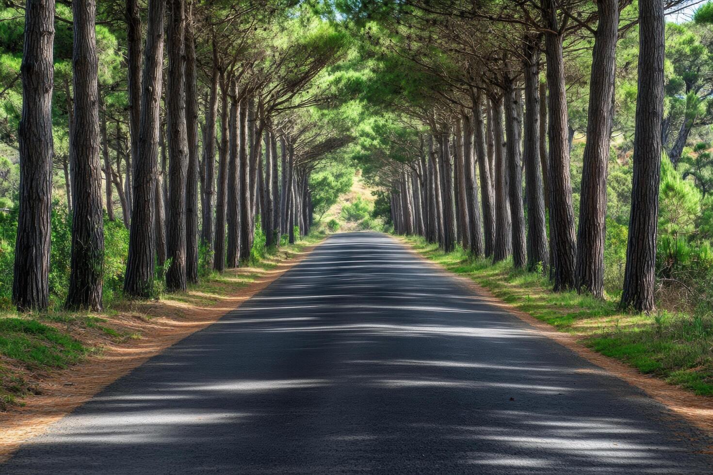 Empty road through dense pine forest photo