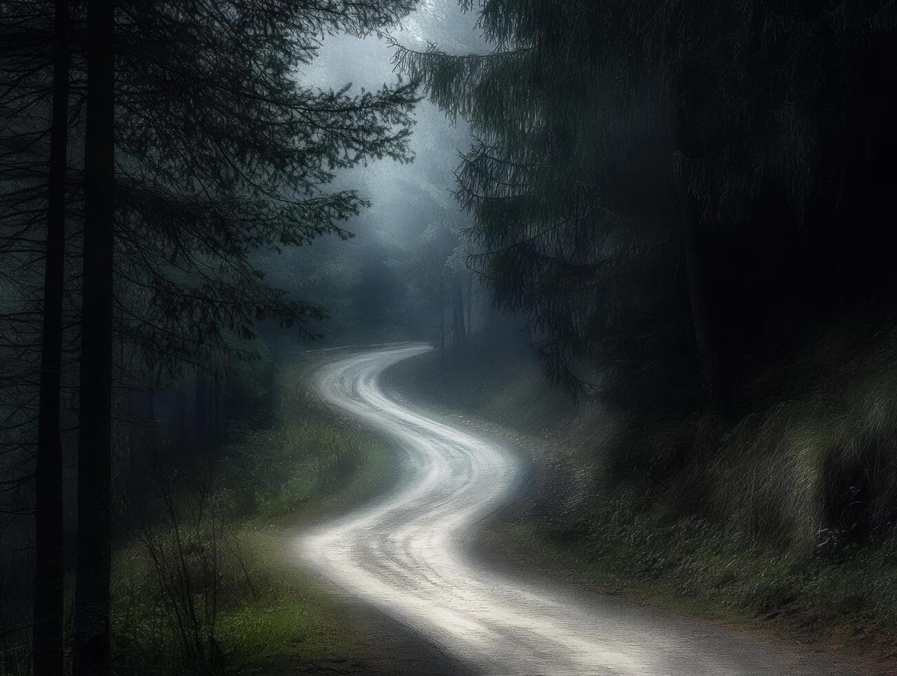 A winding road through a forest with foggy mist in the air photo